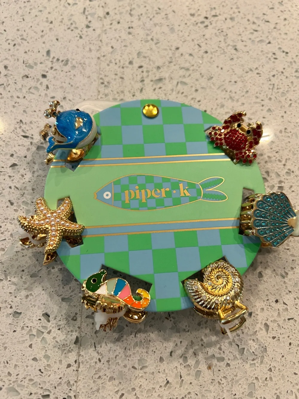 Piper K Sea Life Hair Clip Set - Green & Blue Checkerboard Backing
